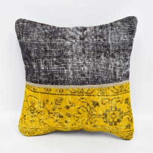 Vintage Turkish Rug Pillow, Throw Pillow Covers, 16x16 Yellow Cushion, Handmade Sofa Pillow, Bohemian Home Decor, Unique Textile, 2539