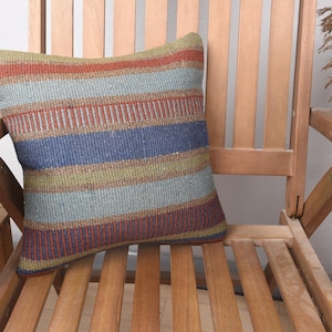 Home Decor Pillow, Ethnical Kilim Rug Pillow, 14x14 Antique Pillows, Turkish Pillow, Blue Pillow Cover, Ethnic Striped Kilim Pillow,