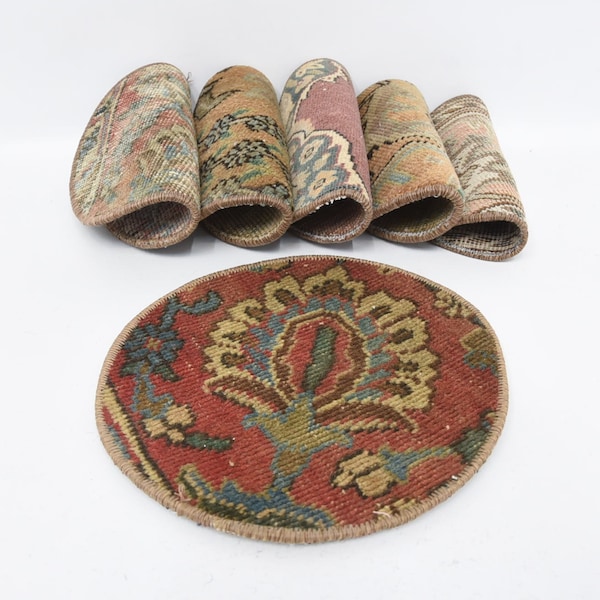 Hand Crafted Supla, Kilim Supla, Turkish Rug Supla, Set Of Six, Kitchen Decor, Gift Supla, 10"x10" Circle Under Plate, Rustic Rug Supla, 32