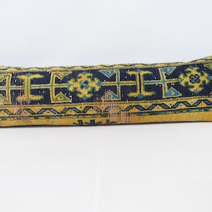 Vintage Turkish Rug Pillow, Handmade Kilim Lumbar Cushion, 12x42 Yellow Decor, Boho Sofa Pillow, Ethnic Home Accent, Textured Couch Pillow