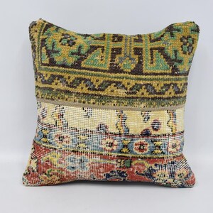 Vintage Kilim Pillow, Turkish Rug Cushion, Handmade Pillow Cover, 16x16 Bohemian Decorative Pillow, Unique Home Decor, Colorful Sofa Pillow