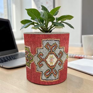 Op de afbeelding: Een kleine potplant met groene bladeren in een rode plantenbak met een geometrisch patroon in grijs, geel en beige. De plantenbak staat op een houten bureau, met een laptop en een witte mok op de achtergrond.
