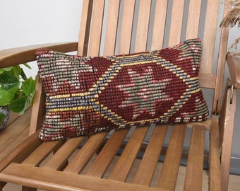 Turkish Kilim Pillow, Vintage Pillow, 10x20 Boho Pillow, Vintage Kilim Throw Pillow, Red Pillow Cover, Tribal Lumbar  Pillow,