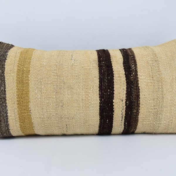 Throw Pillow Cover, Throw Pillow Covers, Kilim Pillows, 12x24 Beige Cushion, Striped Pillow, Bolster Cushion Case, Ikat Cushion, 1028