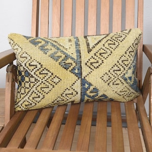 Turkish Kilim Pillow, Handwoven Lumbar Cushion, 20x12 Boho Home Decor, Yellow Geometric Pattern, Rustic Sofa Accent, Vintage Rug Pillow