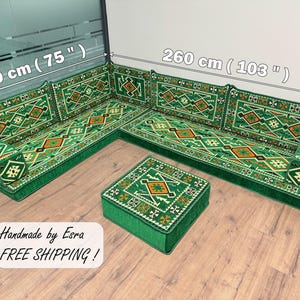 Conjunto de sofá seccional de 4", sofá verde, sofá tradicional, asiento otomano, juego de cojines en forma de U, sofá marroquí, sofá en forma de U.