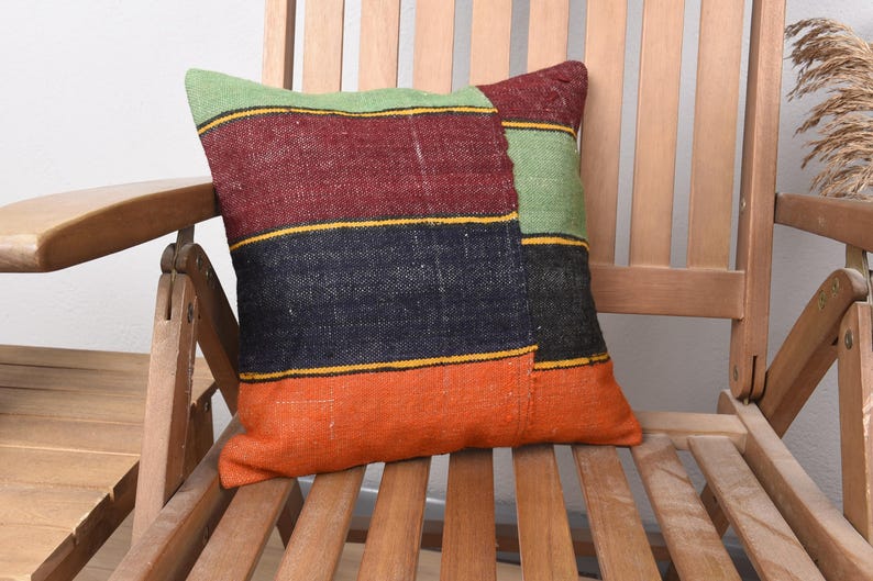 Boho Pillow Sham Cover, Handmade Kilim Cushion, 14x14 Vintage Kilim