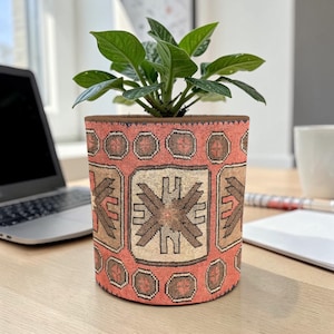 May include: A small potted plant with green leaves sits in a decorative planter. The planter has a red background with a geometric pattern in brown, beige, and rust colors. The planter is on a wooden desk.