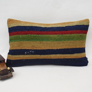 Kilim Pillows, Kilim Pillow Cases, Kilim Pillow Cover, 12x20 Blue Pillow Cover, Striped Pillow Covers, Mens Gift Pillow Cover, 262