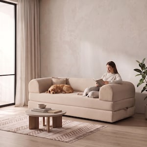 Beige Corduroy Sleeper Sofa, Convertible Daybed Couch, Wide Guest Bed Seating, Low Profile Lounge Sofa, Apartment Furniture