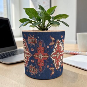 May include: A navy blue plant pot with a red and cream geometric pattern, holding a green leafy plant. The pot sits on a wooden desk. A laptop is visible in the background.