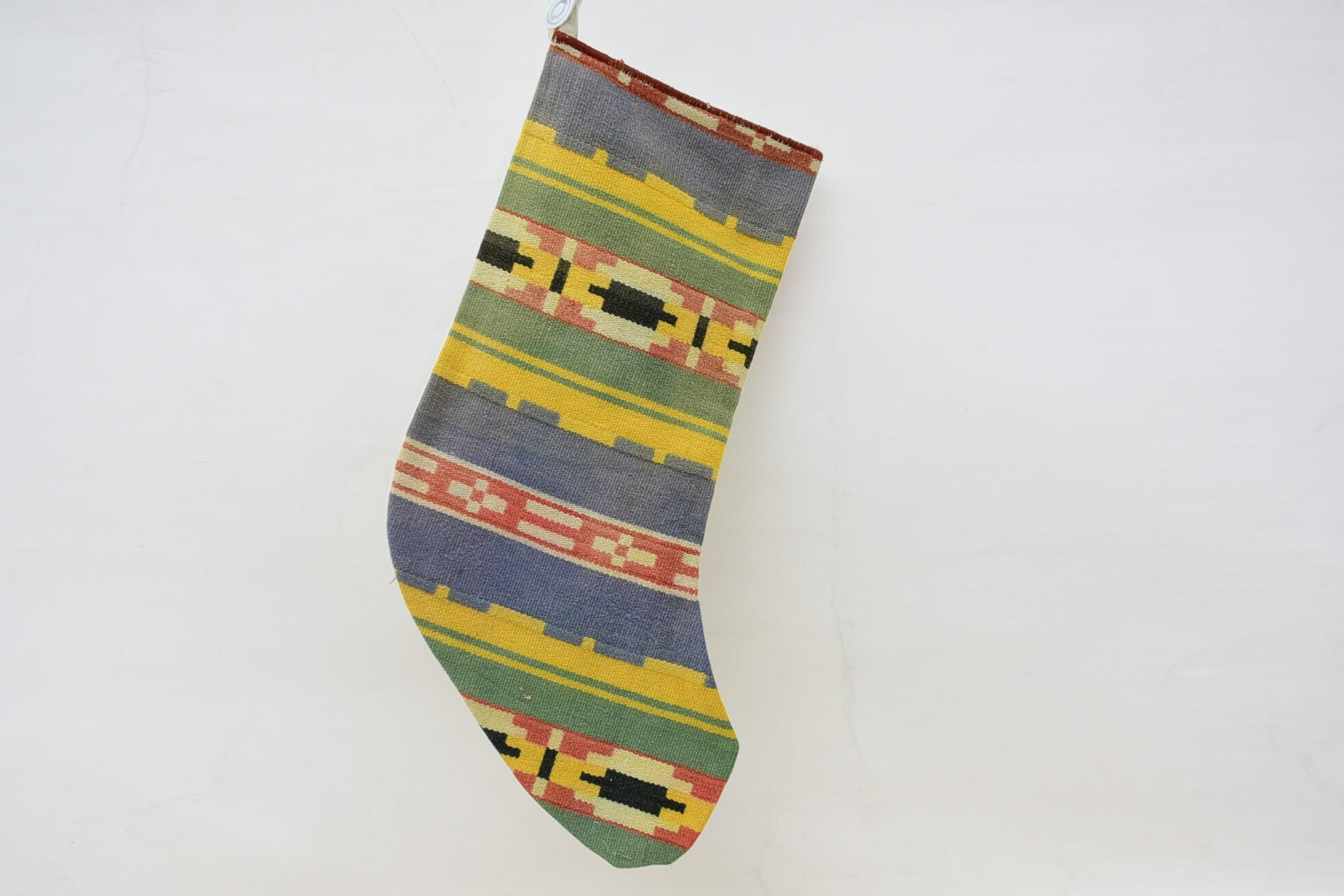 bas de noël, bas kilim antique, rayé, jaune, tricoté, fait à la main, cs-159