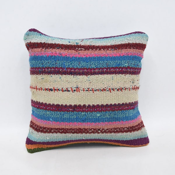 Turkish Kilim Pillow, Pillow Cover, Turkish Pillow, Home Decor Pillow, 12x12 Blue Cushion, Striped Pillow, Oriental Pillow,  1633