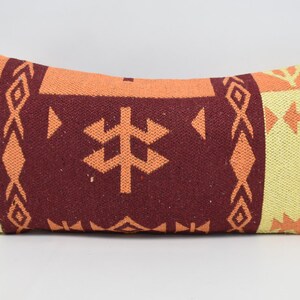 Kilim Pillow, Turkish Pillow, Pillow Cover, Home Decor Pillow, 12x24 Orange Cushion, Both Sided Pillow, Geometric Pillow,  1486