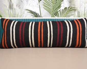 Kilim Pillow, Handmade Kilim Cushion, 16x42 Vintage Kilim Throw Pillow, Home Decor Pillow, Red Cushion Case, Ethnic Kilim Lumbar Pillow,