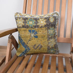 Vintage Kilim Throw Pillow, Ethnical Kilim Rug Pillow, 14x14 Handmade Kilim Cushion, Kilim Pillow Cover, Yellow Pillow, Rug Pillow,