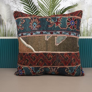 Kilim Pillow Cover, Throw Kilim Pillow, 28x28 Boho Pillow, Home Decor Pillow, Blue Pillow, Patchwork Pillow, Rug Pillow,