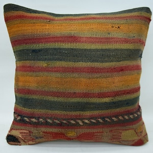 Kilim Pillow, Throw Pillow Cover, Turkish Kilim Pillow, 14x14 Orange Cushion, Striped Cushion Case, Bright Pillow Case, 139
