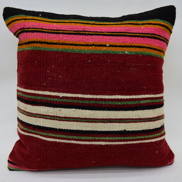 Designer Pillows, Personalized Gift, Turkish Pillow, 16x16 Red Cushion Case, Striped Cushion Case, Sofa Cushion Case, Wool Pillow, 1548