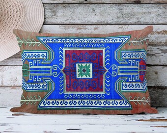 Cojín turco hecho a mano con diseño geométrico azul y rojo, decoración para exteriores, kilim otomano orgánico texturizado, cojín suave.