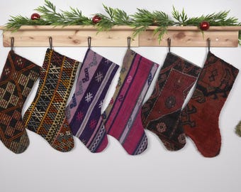 Vintage Rug Christmas Stocking, Handmade Kilim Decor, Personalized Family Stocking, Unique Custom Christmas Stocking for Holiday Gift Giving