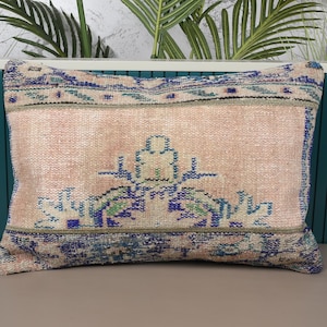 May include: Rectangular pillow with a faded pink center and a detailed border in blue, green, and cream. The pillow features an intricate, vintage-style design, adding a touch of elegance to home decor.