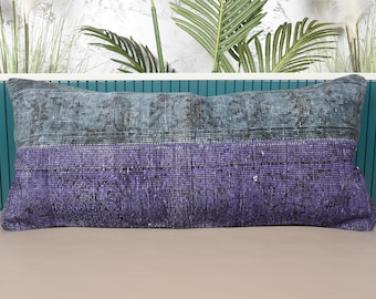 Ethnical Kilim Rug Pillow, Home Decor Pillow, 16x36 Turkish Pillow, Boho Pillow, Purple Cushion, Boho Rectangular  Pillow, Patchwork Pillow,