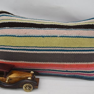 Kilim Pillows, Turkish Kilim Pillow, Personalized Gift, 12x20 Brown Pillow Cover, Striped Pillow Covers, Bolster Pillow Case, 570