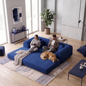 Navy Blue Sofa Sleeper, Corduroy Pull Out Couch, Large Daybed Sofa, Floor Bed Seating, Guest Room Furniture, Movie Room Couch