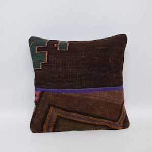 Turkish Pillow, Throw Pillow, Kilim Pillow Cover, 16x16 Brown Cushion, Rug Cushion Case, Fall Pillow Cover, Natural Pillow, 2835