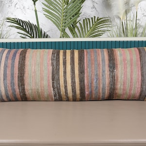 Kilim Pillow, Boho Pillow Sham Cover, 16x48 Kilim Cushion Sham, Vintage Kilim Throw Pillow, Beige Pillow, Turkish Lumbar  Pillow,