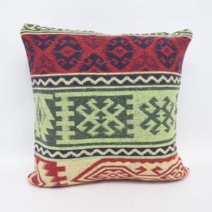 Throw Pillow, Home Decor Pillow, Kilim Pillow, Turkish Kilim Pillow, 20x20 Green Case, Double Sided Pillow, Geometric Pillow,  1510