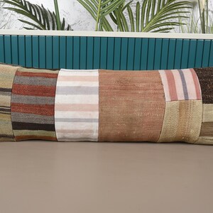 Ethnical Kilim Rug Pillow, Vintage Pillow, 12x36 Pillow for Sofa, Home Decor Pillow, Beige Pillow, Bohemian Lumbar Pillow, Patchwork Pillow,
