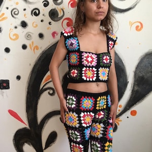 granny square pants and top set, Crochet hippie trousers, Boho festival pants, Crochet  clothes set, Knitted fashion.