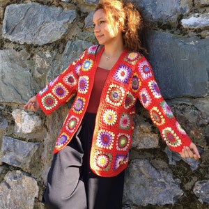 Granny square Red cardigan, Crochet jumper, Knitted sweater, Spring clothing, Crochet long sweater, Chunky cardigan, Christmas sweater.