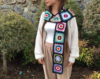 Cachecol feminino afegão, cachecol hippie de crochê, cachecol de crochê, cachecol longo de tricô, cachecol quadrado estilo vovó.