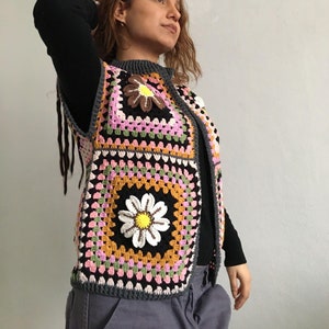 Crochet mini vest, Knit hippie waistcoat, Floral hand tailored top, Women clothing.