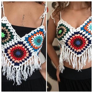 Granny square summer top, Rave clothing, Crochet crop top, Festival outfit, Rave wear, Y2k top