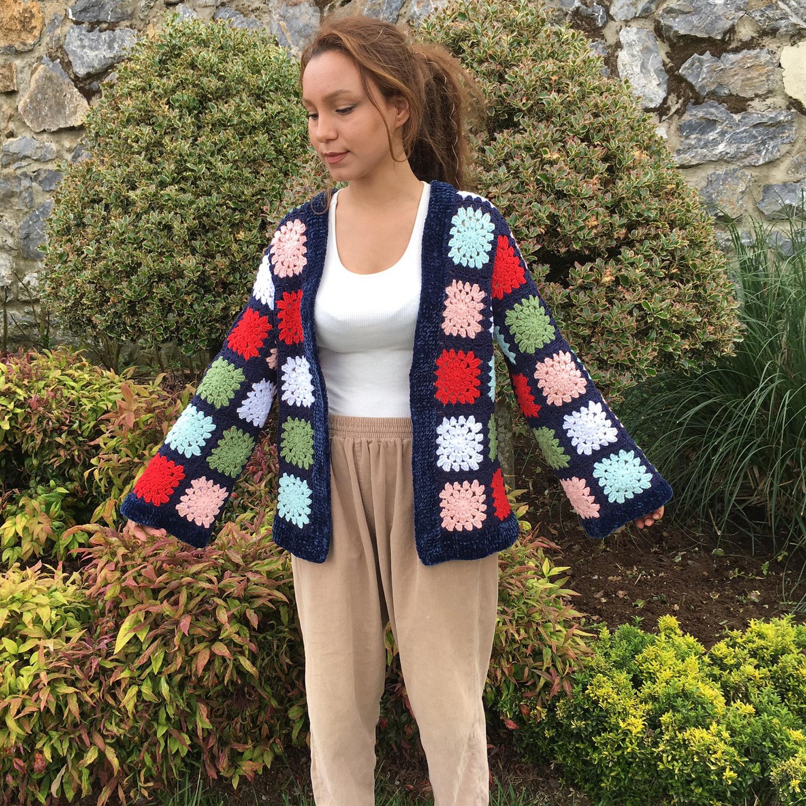 POL Open Front Crochet Womens Cardigan Granny Square