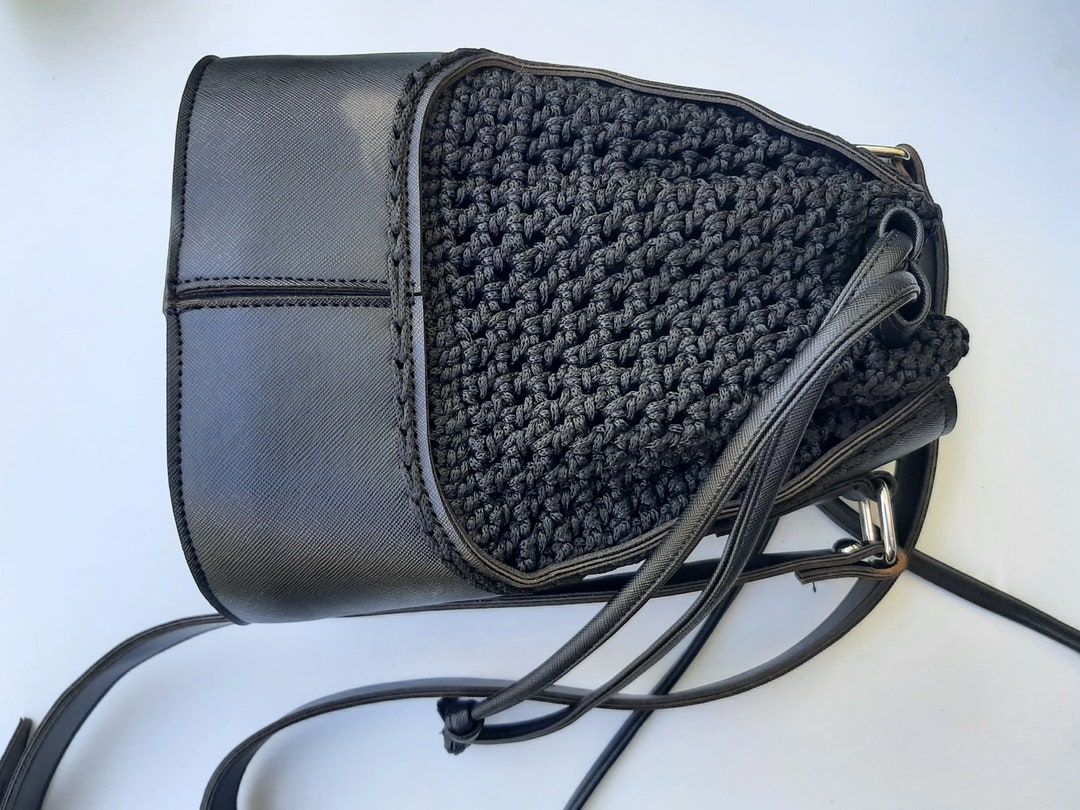 Black Crochet Crossbody Bucket Bag Knitting Leather Bag Etsy