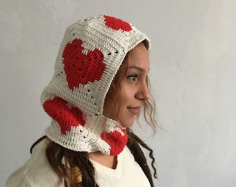 Knitted heart balaclava, Crochet love balaclava for women, Unisex balaclava, Winter hat, Gift for love, Gift to her