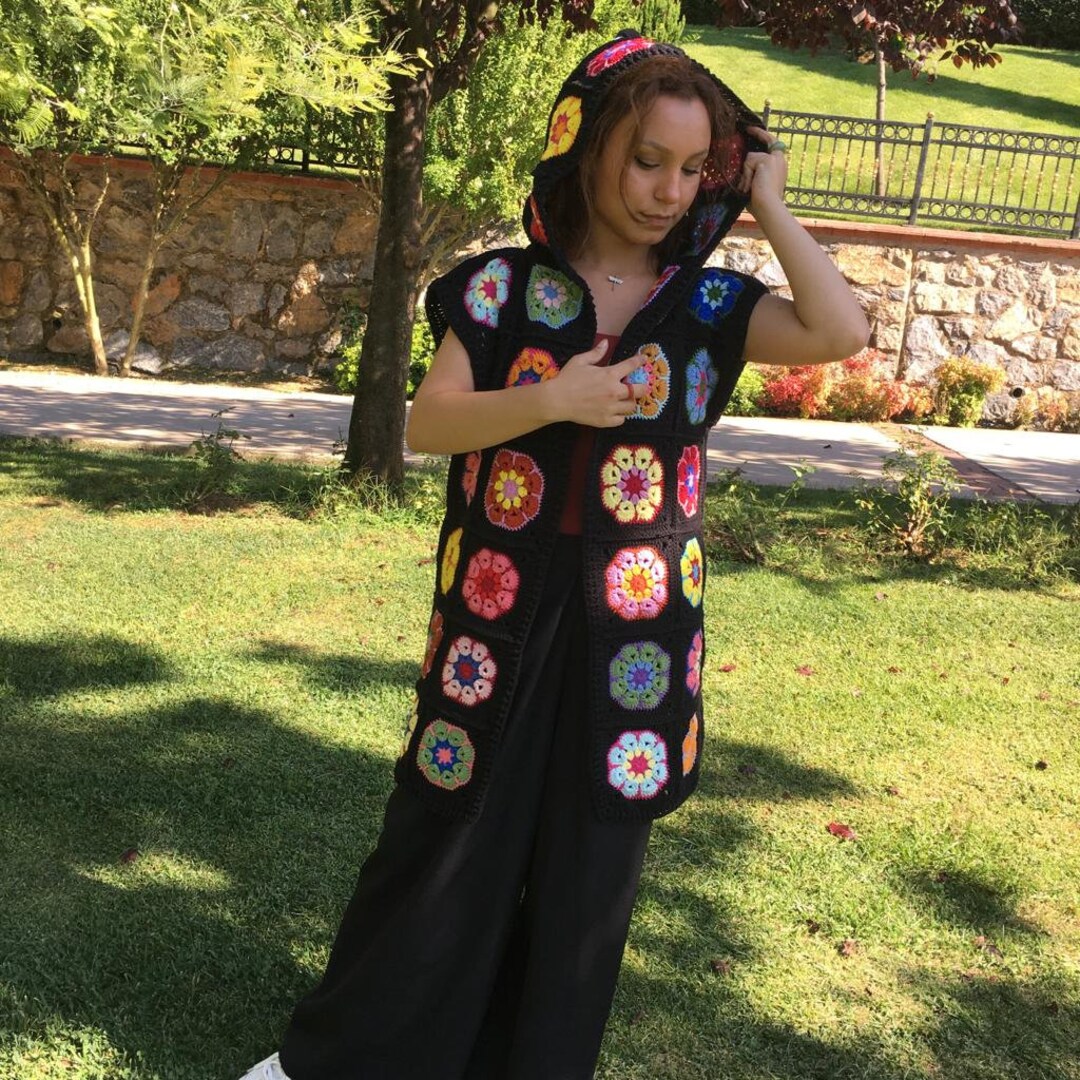 Long Hoodie Granny Square Vest