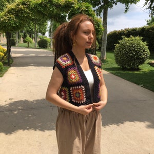 Crochet granny square vest, Crochet afghan sweater vest, Hippie bohemian clothes, Crop top, Y2k clothing