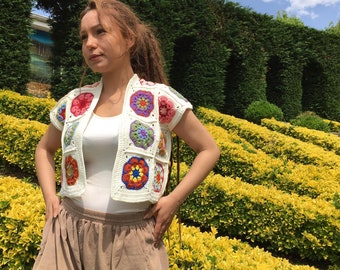 Granny square ccrochet vest, Crochet crop top, Sweater vest, Festival top.