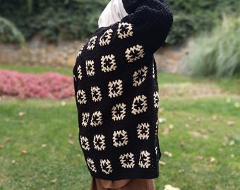 Black crochet oversized cardigan, Womens clothing boho plus size sweater.
