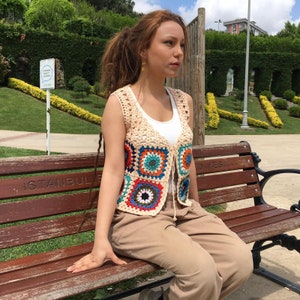 Knit cream granny square vest, Crochet afghan sweater vest, Hippie bohemian clothes,