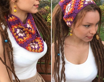 Crochet hair bandana, Granny square head scarf, Crochet headband for women, Wide headband, Hair bands.