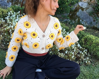Crochet Cropped Sunflower Spring Cardigan.