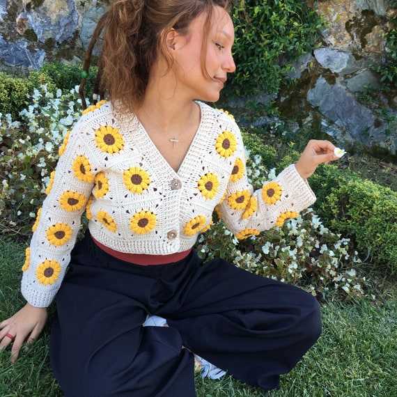 Crochet Cropped Sunflower Spring Cardigan.