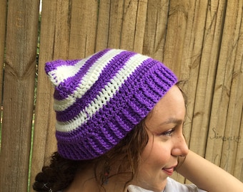 Crochet cat ear beanie, Winter knit hat, Knitted striped hat, Skull caps.